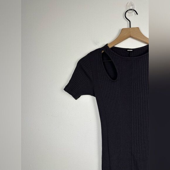 Monrow Women's Black Ribbed Short Sleeve Cutout Mini T-Shirt Dress Size XS - Picture 4 of 10